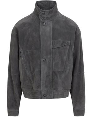 Giorgio Armani Suede-Finish Button-Up Leather Jacket - Grey