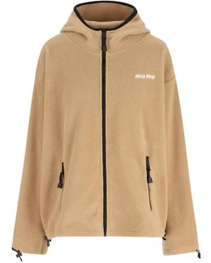 Miu Miu Logo-Embroidered Zip-Up Hoodie - Natural