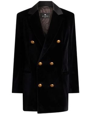 Etro Long Double-Breasted Stretch Cotton Velvet Jacket - Black