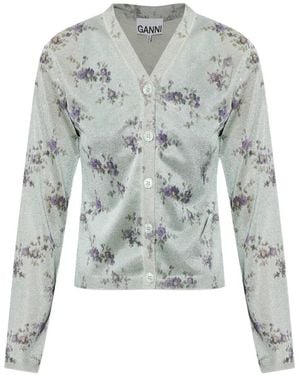 Ganni Floral-Print Metallic-Effect Cardigan - Gray