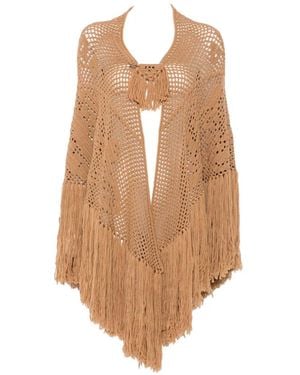 Chiara Is Peonia Fringed-Trim Crochet-Knit Poncho - Natural