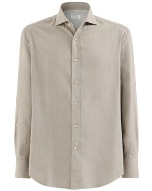 Brunello Cucinelli Stretch Cotton Chevron Flannel Shirt With Spread Collar - White