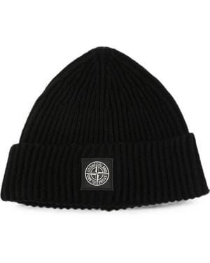 Stone Island Logo-Patch Ribbed Beanie Hat - Black