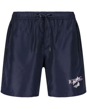 Iceberg Logo-Patch Drawstring Swim Shorts - Blue