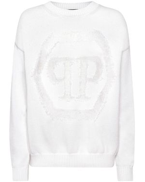 Philipp Plein Devoré-Logo Crew-Neck Jumper - White