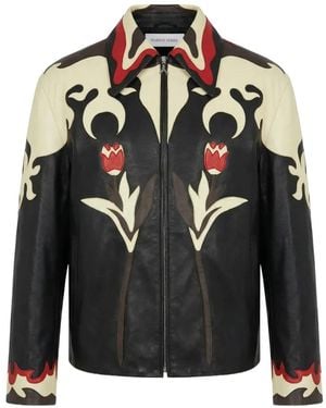 Marine Serre Floral-Patch Leather Jacket - Black