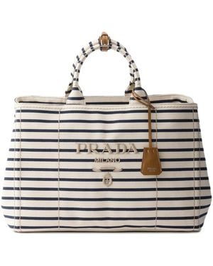 Prada Sac À Main En Toile Canapa À Rayures - Blanc