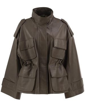 Lou Andrea Cargo-Pocket High-Collar Leather Jacket - Brown