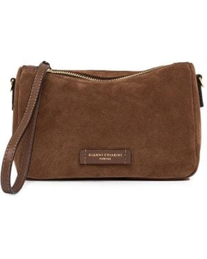 Gianni Chiarini Small Nora Pouch Logo-Patch Suede Clutch Bag - Brown