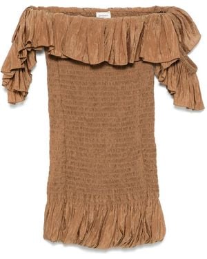 Saint Laurent Smocked Canvas Mini Dress - Brown