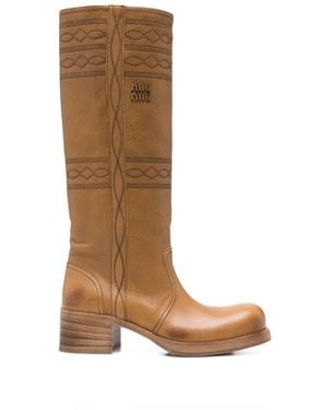 Miu Miu Embroidered Leather Knee-High Boots - Brown