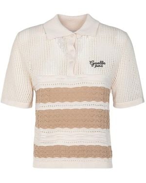 Gaelle Open-Knit Striped Polo Shirt - White