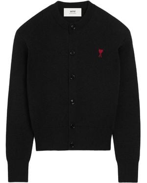 Ami Paris Heart-Embroidered Wool Cardigan - Black
