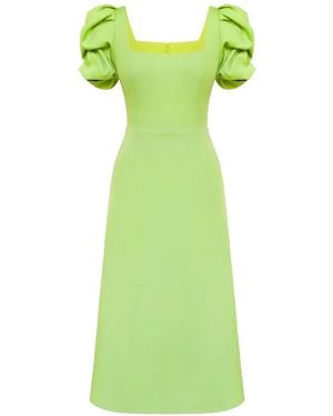 POST MERIDIEM Square-Neck Puff-Sleeve Midi Dress - Green