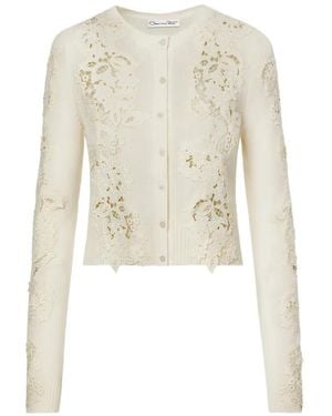 Oscar de la Renta Porcelain Floral Guipure Insert Cardigan - White