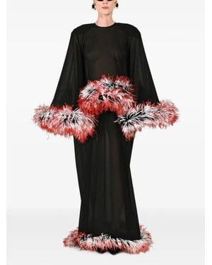 ROWEN ROSE Feather-Trim Cape-Sleeve Maxi Dress - Black