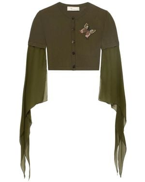 Blumarine Butterfly-Appliqué Long-Sleeve Crop Top - Green