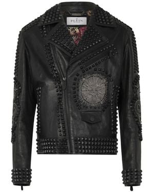 Philipp Plein Studs Embroidered Leather Biker Jacket - Black