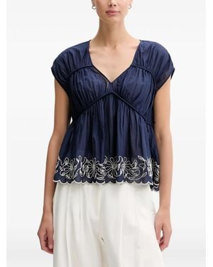 Benetton Floral Embroidered V-Neck Top - Blue