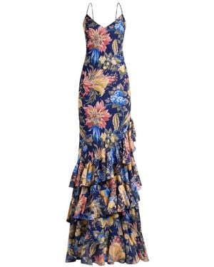 Etro Long Seersucker Dress With Ruffles And Floral Motif - White