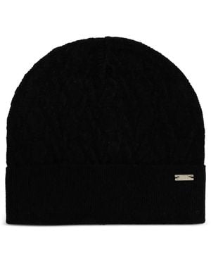 ARMANI EXCHANGE Cable-Knit Logo-Plaque Beanie Hat - Black