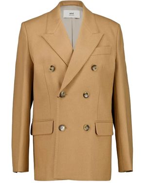 Ami Paris Double-Breasted Wool Blazer - Natural
