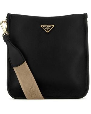 Prada Triangle-Logo Leather Crossbody Bag - Black