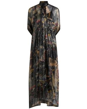 Etro Long Silk Dress With Cape Detail And Flower And Animal Motif - Black