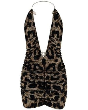 Philipp Plein Open Back Mini Dress Leopard Strass - Black