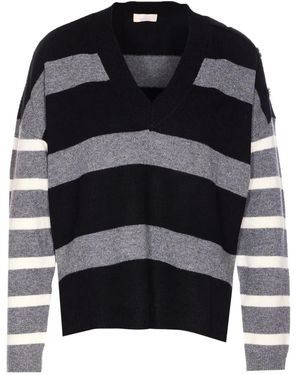 Liu Jo V-Neck Striped Crop Sweater With Rhinestone Detail - Schwarz