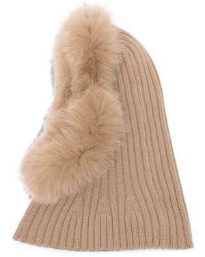 Yves Salomon Fur-Trim Ribbed Balaclava - Natural