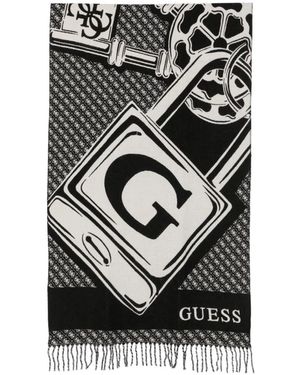 Guess Logo-Print Fringed Scarf - Black
