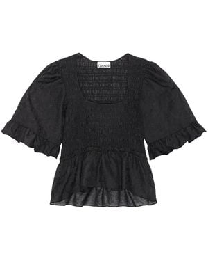 Ganni Crinkled Georgette Smock Blouse - Black