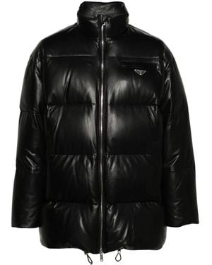Prada Logo-Plaque Leather Puffer Coat - Black