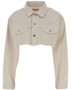 Miu Miu Cropped Raw-Cut Denim Jacket - White