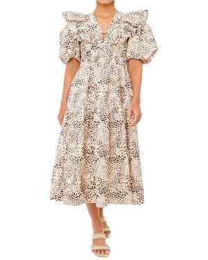 Sea Calla Cheetah-Print Puff-Sleeve Midi Dress - Natural