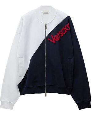 Versace Embroidered-Logo Cotton Zip Sweatshirt - Blue