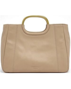 Twinset Metal-Handle Leather Tote Bag - Natural