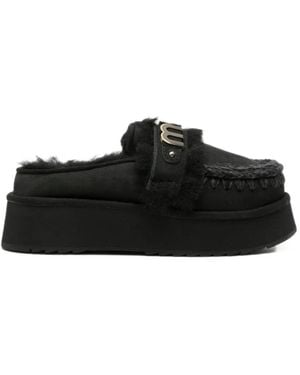 Mou Logo-Plaque Crochet-Trim Slippers - Black