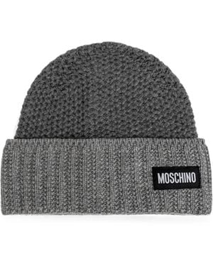 Moschino Logo-Patch Waffle-Knit Beanie Hat - Grey