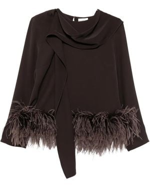 P.A.R.O.S.H. Feather-Trim Draped Blouse - Brown