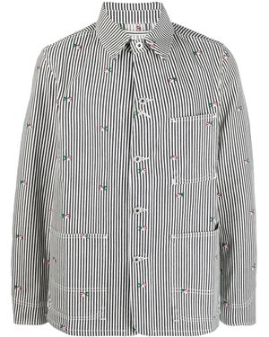 KENZO Floral-Embroidered Striped Shirt Jacket - Gray