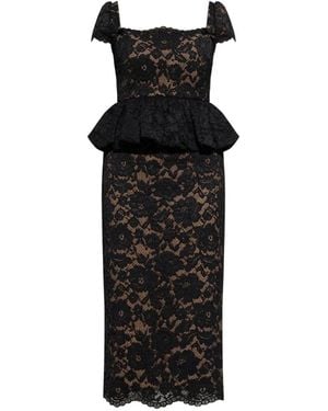 Self-Portrait Peplum-Waist Lace-Overlay Midi Dress - Black