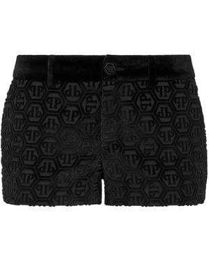 Philipp Plein Monogram-Pattern Velvet Mini Shorts - Black