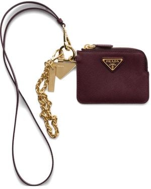Prada Saffiano Leather Card Holder With Shoulder Strap - Purple