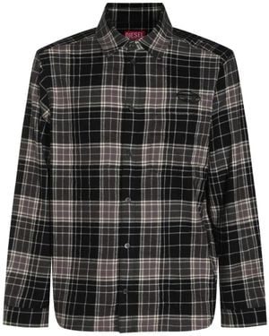 DIESEL Check-Print Logo-Patch Shirt - Black