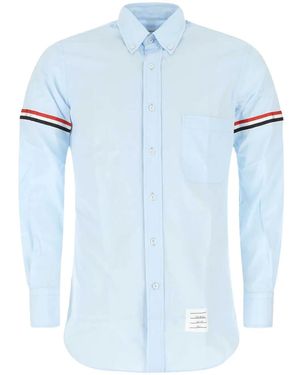 Thom Browne Light Long-Sleeve Button-Up Shirt With Contrast Stripes - Blue