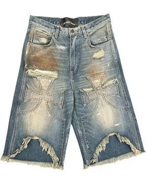 SEKRIT Chopper Studded Denim Shorts - Blue