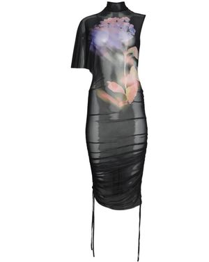 David Koma Asymmetric-Sleeve Printed-Mesh Midi Dress - Black