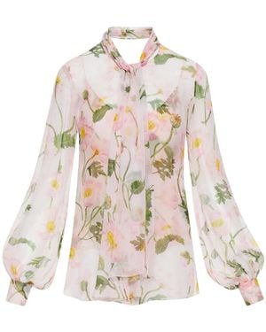 Oscar de la Renta Poppy-Print Silk Shirt - Natural